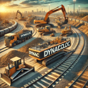 DALL·E 2024-09-24 19.21.29 - A dynamic scene showing a construction company called 'DynaEcoLoc' renting out heavy machinery for earthworks and rail projects. The image includes la